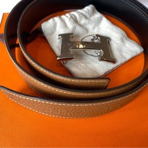 Hermes Belt, Stainless buckle, Gold and Black leather belt  090 size